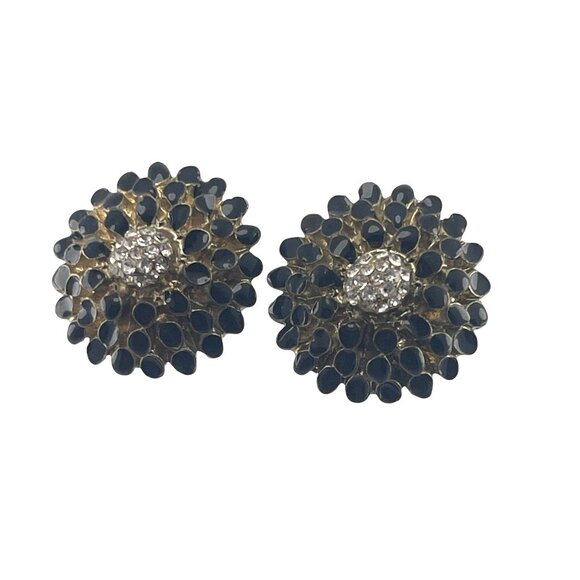 Vintage Flower Shaped Black & Crystal Rhinestone Stud Earrings - Picture 2 of 7